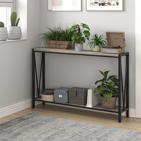 Table console industrielle grise étroite 2 niveaux pour vestibule, salon et bureau (1/5)