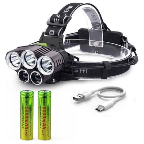 Lampe frontale rechargeable USB, lampe frontale TYC 6 modes avec 2 piles de grande capacité, lampes frontales étanches pour camping, randonnée, cyclisme, pêche, course à pied (1/5)