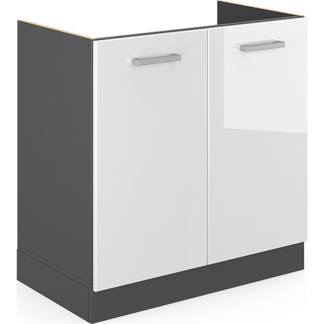 Armario bajo para fregadero R-Line, Blanco alto brillo, 80 cm sin encimera, Vicco