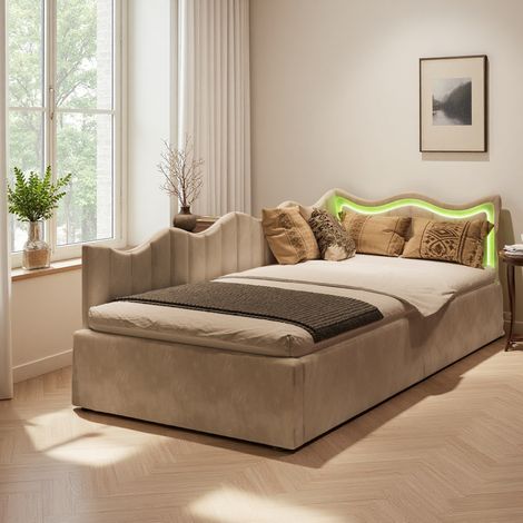 Lit 90x200 avce LED - tissu en velours - Cadre de lit enfant 90x200 - Beige (1/5)