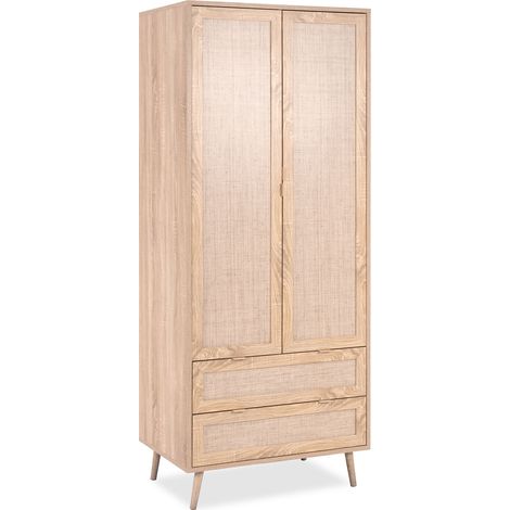 Armoire 2 portes 2 tiroirs 80x55x195 cm avec cannage naturel - KESSI
