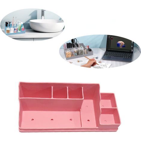 Plateau de rangement de bureau, grande capacité, dimensions 350 x 140 x 110 mm, design compact et durable, parfait pour la salle de bain et le bureau, rose (1/4)