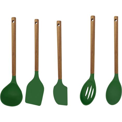 Ustensiles De Cuisine En Silicone Et Bois D'Acacia - Résistants À La Chaleur Pour Cuisson Quotidienne - Lot De 5 Pièces (1/5)