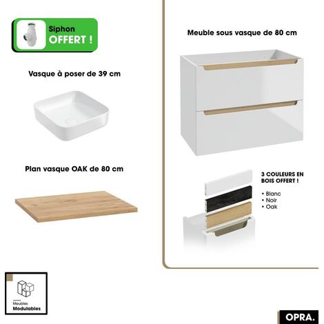 Ensemble meuble sous vasque avec plan et vasque à poser - Siphon OFFERT  OPRA  Blanc-Oak  80 × 60 × 45 cm (1/5)