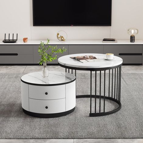 Table basse gigogne ronde lot de 2, effet marbre brillant, 2 tiroirs, blanc et noir DESVIAE (1/5)