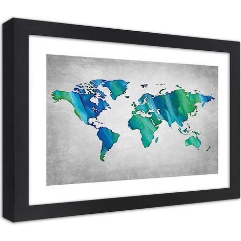Quadro con cornice, Mappa del mondo colorata su cemento - 30x20 (1/5)