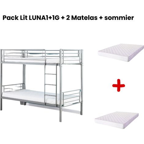 Pack : Lit superposé + Matelas compris Séparable métal LUNA 1+1 90x190 cm sommier inclus gris (1/5)