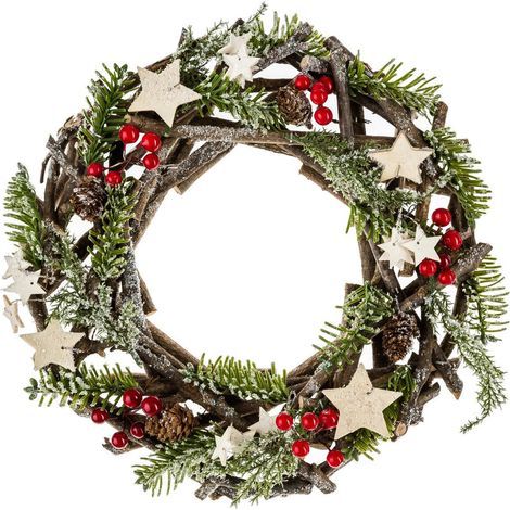 Fééric Lights And Christmas – Couronne de Noël en bois 30 cm – Branches de sapin artificiel et éléments décoratifs – Pour décoration intérieure et extérieure (1/2)