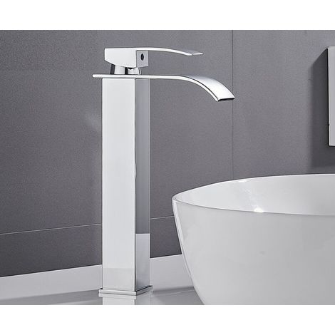 VURAHOME - Robinet Lavabo Robinet Cascade Bouche Large Acier Inoxydable Traitement Miroir Coude Carré (Supérieur) (1/4)
