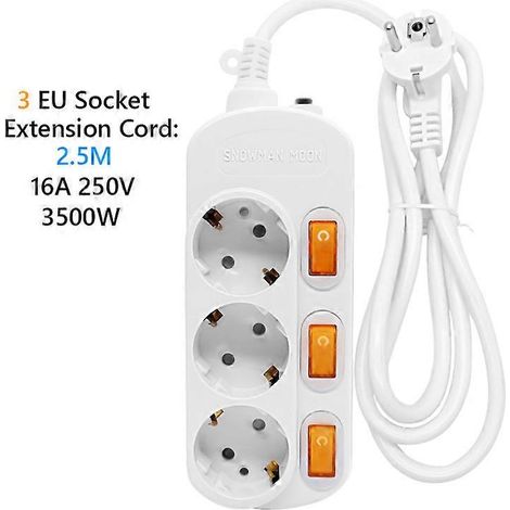 Spécifications : câble d'extension 10/16A 250V avec protection contre les surcharges, multiprise de 4,8 mm, disjoncteur double, prise de courant alternatif à 2 broches, 3 trous, 2,5 m. (1/4)