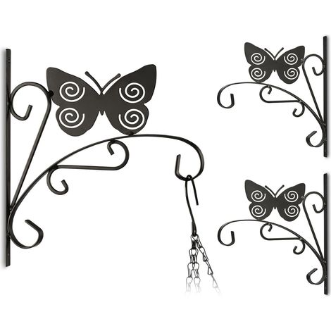 3 Ganchos para Macetas, Diseño Mariposa, Gancho de Pared para Cestos, Decoración de Jardín, Metal, 30 x 28 x 2 cm, negro
