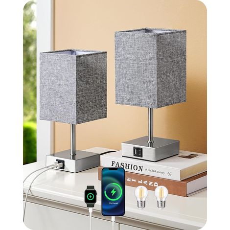 Lot de 2 Lampe de Chevet Tactile, Ports USB-A et USB-C, Ampoule LED E27 Incluse, Abat-jour Gris, Pour Chambre et Salon