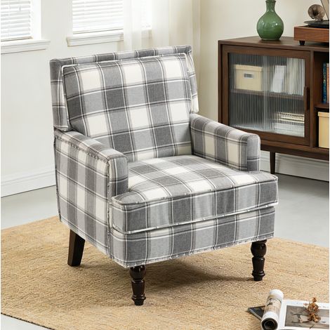 Poltrona imbottita da soggiorno, motivo a righe, comfort con schiuma ad alta densità, cotone lino, bianco e grigio (1/5)