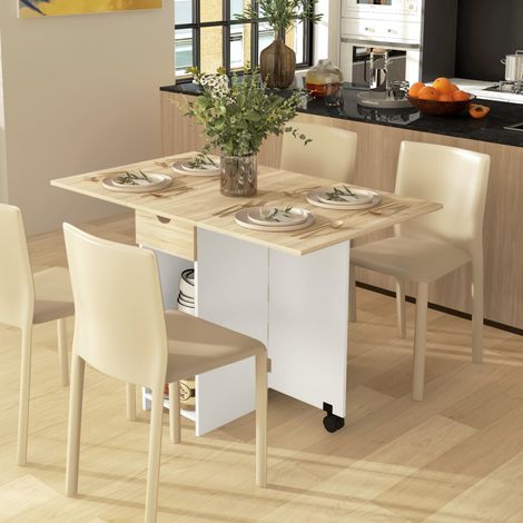 Tavolo da cucina pieghevole con ruote, braccioli a ribalta, cassetto e ripiani per 2-4 persone, 120x72x75 cm, rovere e bianco