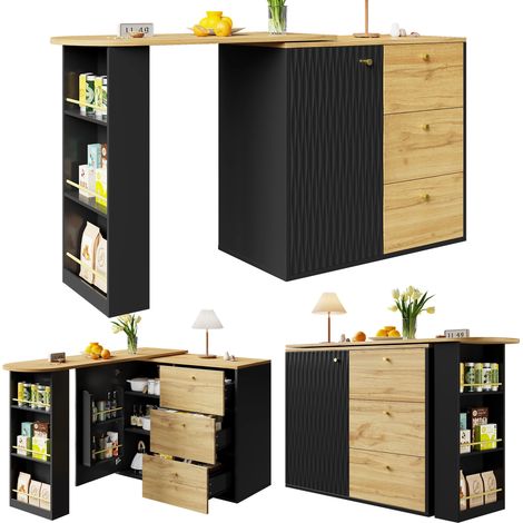 Îlot de cuisine avec rangement,138-204×39×104cm,Table de bar extensible avec 3 tiroirs & étagères latérales,Noir