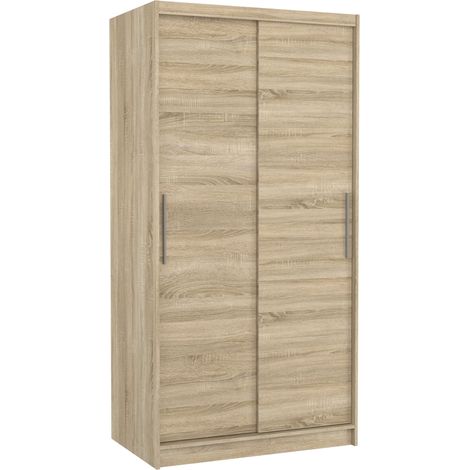 Petite armoire de chambre à coucher bois clair 2 portes coulissantes Kilane 100cm (1/5)