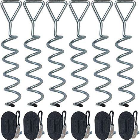 Lot de kits d'ancrage trampoline 31 cm avec tête triangulaire, kit d'arrimage galvanisé au sol piquets d'ancrage, en spirale et sangles pour abris jardin camp - (1/5)