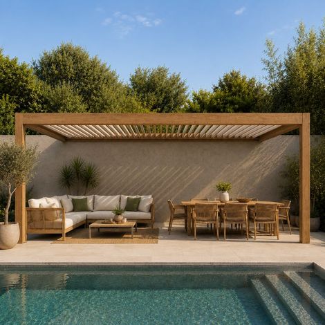 Pergola Bioclimatique Adossée Motorisée Éclairée Aluminium 5x3,5 Aspect Bois SV ORIAL France (1/5)