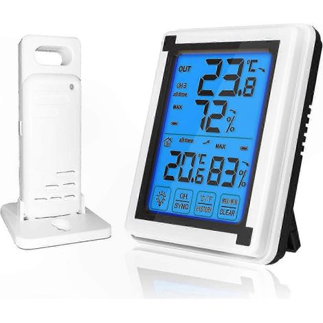 Kabelloses Innen-/Außenthermometer mit Hygrometer, hintergrundbeleuchtetem LCD-Touchscreen für Zuhause und Büro (1 Sensor im Lieferumfang enthalten) (1/5)