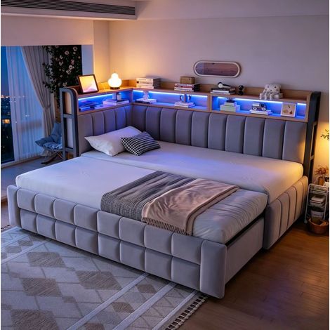Schlafsofa 90x200 cm Hellgrau aus Samt mit ausziehbarem Bettteil, Stauraumschubladen, LED und Ladeanschlüssen (1/5)