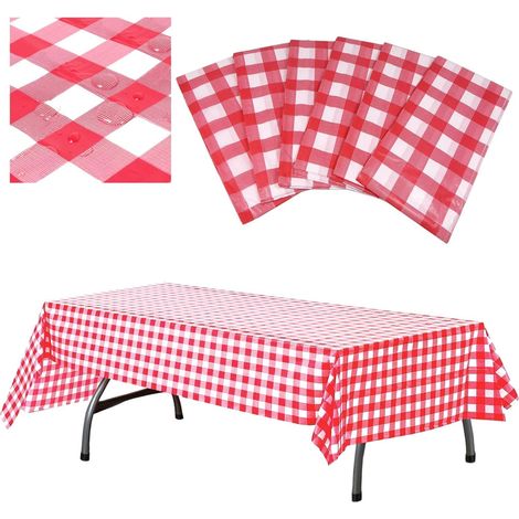 Paquete de 6 manteles rectangulares de plástico a cuadros rojos y blancos de 137 x 274 cm para picnic, cumpleaños y fiestas.