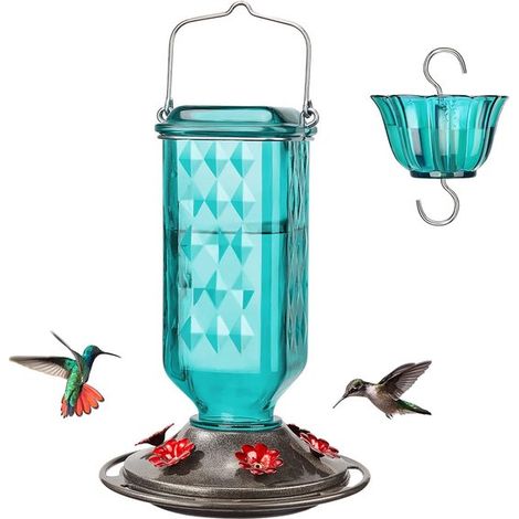 Kolibri Futterhaus aus Glas für den Außenbereich, 690 ml, 6 Futteröffnungen, Nektarspender für Vögel als Gartendekoration, inklusive Ameisenschut (1/5)