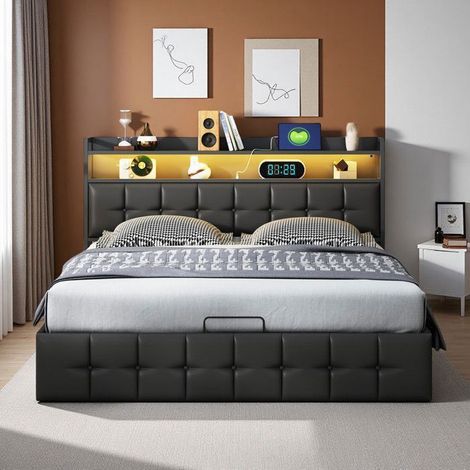 Cama Cofre LED 140x200 - Almacenamiento XXL - Cabecera con Carga - Cuero Negro - Diseño Minimalista