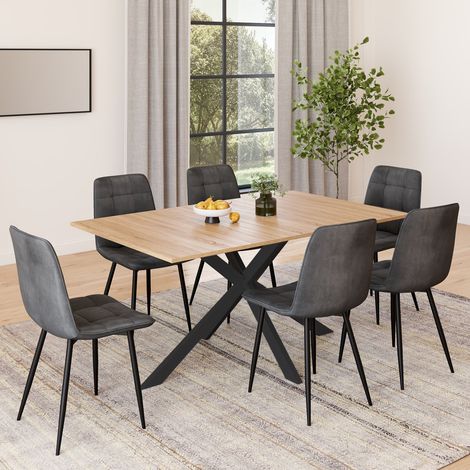 Juego de mesa rectangular ALIX 160 cm de madera y negro con 6 sillas MILA de terciopelo gris oscuro