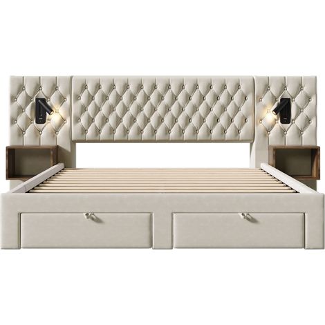 Ensemble lit double 180x200 cm en velours beige avec 2 chevets, 4 tiroirs et lampes (1/5)