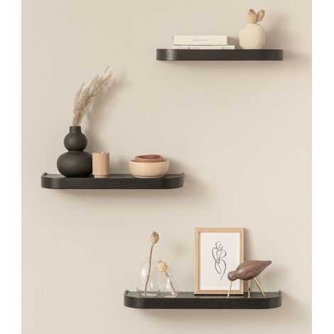 Étagère Murale Set 3 Tablette Murale en Placage Bois Véritable Étagère Flottante pour Décoration et Rangement Salle de Bain, Salon, Cuisine, Chambre Chêne, Noir (1/5)