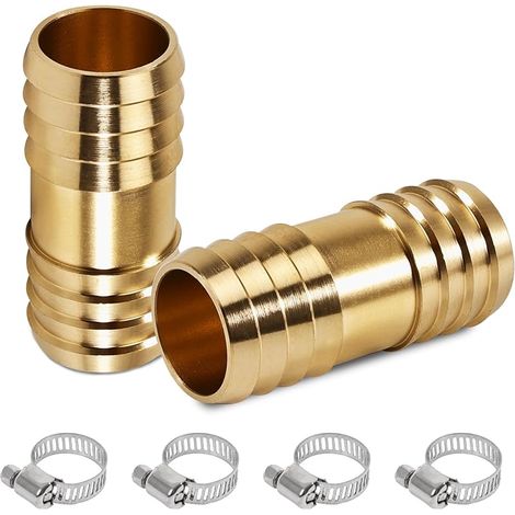 Lot de 2 raccords de tuyau en laiton 1/2" avec 4 colliers de serrage en acier inoxydable - Raccord de tuyau en laiton - 2 voies pour tuyau d'arrosage de 1/2"