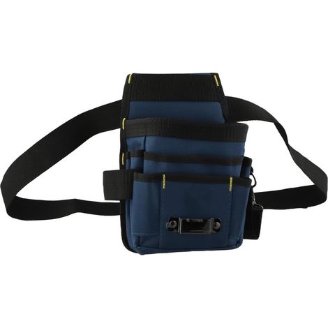 Ceinture porte-outils robuste avec pochettes amovibles et boucle à dégagement rapide, conçue pour permettre aux charpentiers et aux électriciens de transporter confortablement marteaux et vis lors de (1/5)