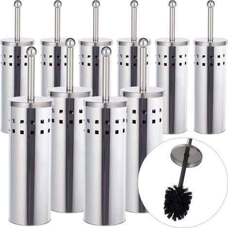 Relaxdays 10x WC Accessory Set, Toilet Brush Holder, Exchangeable Head, Freestanding, Stainless Steel, Silver/Black