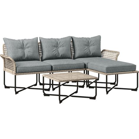 Salon de jardin 5 pieces en rotin avec 2 chaises laterales chaise centrale et 2 poufs/tables basses