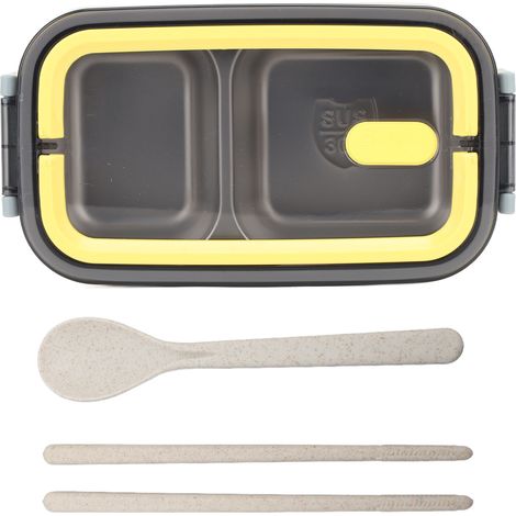 Boîtes à Bento 2 couches 1400 ml, boîte à déjeuner en acier inoxydable, isolation anti-fuite, compartiments scellés, conteneur pour bureau jaune. (1/5)