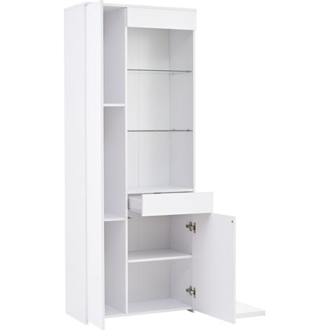 Vitrine haute blanche 70 x 35 x 180 cm avec tiroir, éclairage LED et portes en verre trempé (1/5)