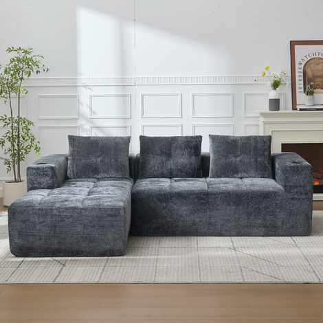 Sofá esquinero en L 258xundefinedxundefined cm gris en chenilla tapizada con portavasos y cojines (1/5)