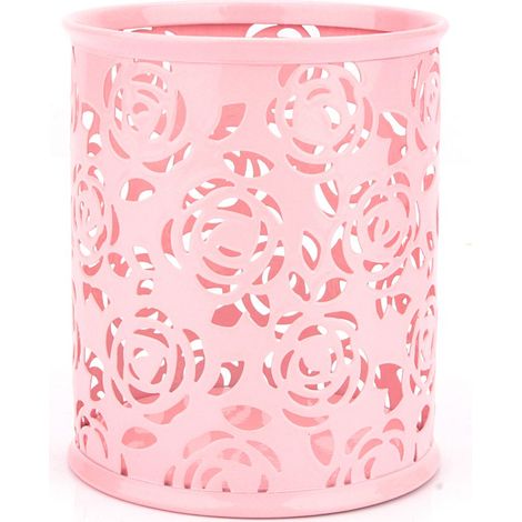 Pot à stylos bureautique motif fleur rose évidée métal rose 9,5x9x8,5 cm organisation rangement (1/3)