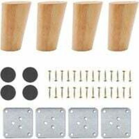 Set mit 4 Möbelbeinen aus Holz. 8 cm hohe, abgewinkelte, konische Möbelbeine. Tischbeine aus massiver Eiche als Ersatz. Inklusive Montageplatten, Schrauben und Filzgleitern.
