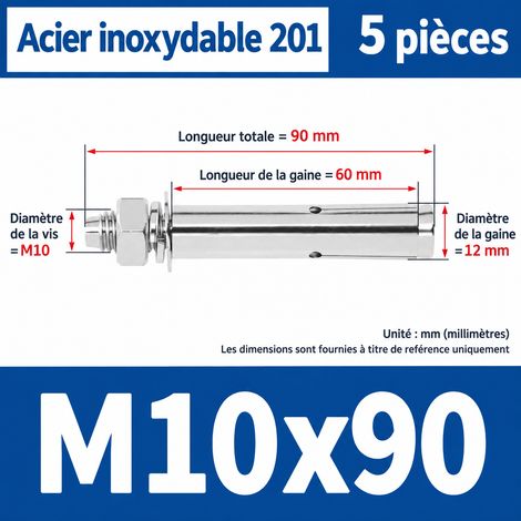 Goujon d'ancrage à expansion M10 x 90 mm en inox 201 lot de 5 m10 90 5 pièces 1 kg – Livraison gratuite