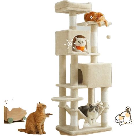 Árbol rascador para gatos, diseño multinivel, postes rascadores, color beige. (1/2)