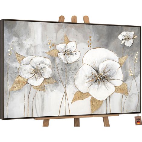 Gemälde Goldene Blüten Rahmen Grau 120x80 cm (1/5)