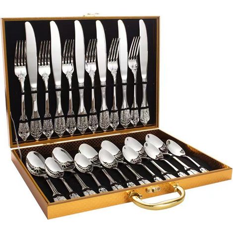 Service de table 24 pièces (argent), coffret en bois, couverts, cuillères, acier inoxydable 304 (1/2)