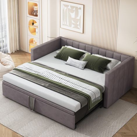 Lit capitonné, canapé-lit extensible 90/180200cm avec sommier à lattes, lit multifonctionnel en velours doux pour la peau, gris, ancienne référence LDU00058AAE, garantie 2 ans