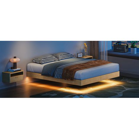 Lit moderne suspendu, rainuré, LED, cadre fer, 180x200 cm, chêne clair, chambre adulte, petit espace, gain de place. (1/5)