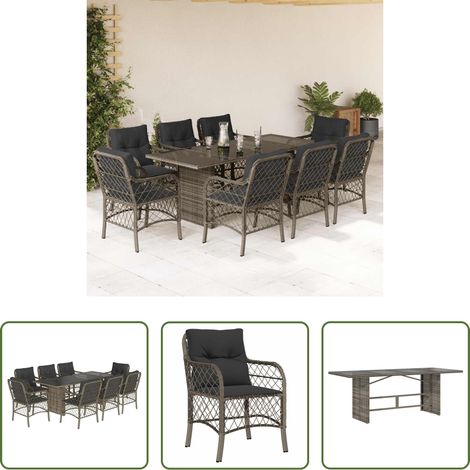 Gartenessgruppe - 9-tlg. Garten-Essgruppe mit Kissen Grau Poly Rattan (1/5)