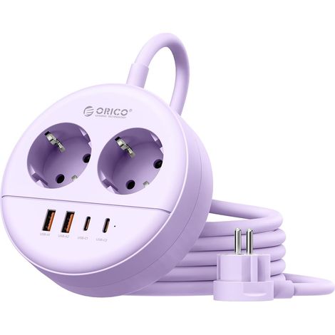Multiprise Ronde 2 Prises AC avec USB C, 2500W, 2 USB-A, 2 USB-C 20W PD, Câble Extension 1,5m, Fixation Murale, Idéale pour Bureau Maison,Violet (1/5)