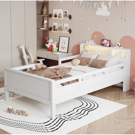 Lit enfant simple bois de pin blanc 90×200 cm, tête de lit rangement, lampe LED, prise USB‑RCA, lit multifonctionnel (sans Matelas) (1/5)