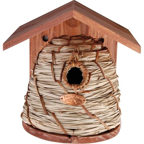Esschert Design – Nichoir en ruche en bois et osier – Dimensions 20,1 x 19,3 x 25,8 cm – Trou d'envol 27 mm pour mésanges – Installation stable sur arbre ou mur