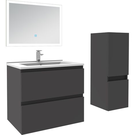 Ensemble meuble de salle de bain 60cm, vasque céramique + colonne bas + miroir lumineux, anthracite (1/5)